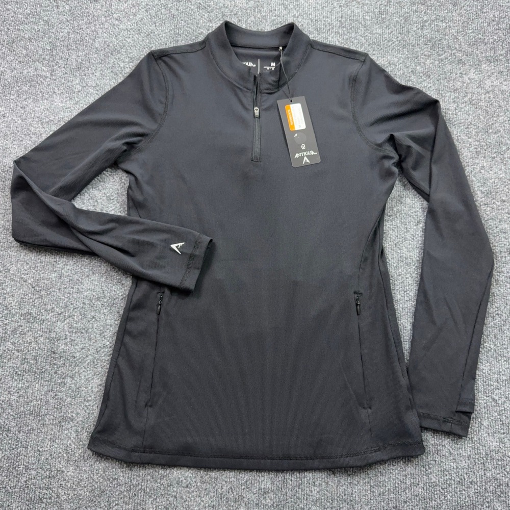 Antigua Venice Quarter Zip Pullover Womens Medium Black Ribbed Thumbhole 105418